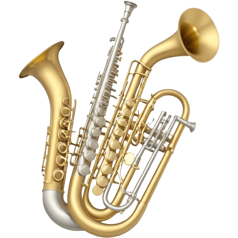 Create a professional, harmonious emoji collage symbolizing wind instruments.  The instruments should be in metallic gold, silver, and brass tones, with subtle reflections to convey a professional and polished appearance. Add soft musical notes or soundwaves to surround the instruments, creating a sense of movement and sound. The background should be transparent, ensuring all instruments are the focus and the composition remains harmonious and balanced. emoji