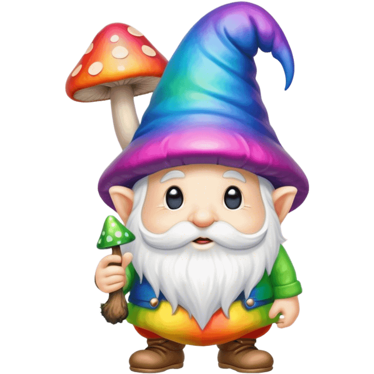 Psychedelic rainbow colored Gnome with a large mushroom  emoji