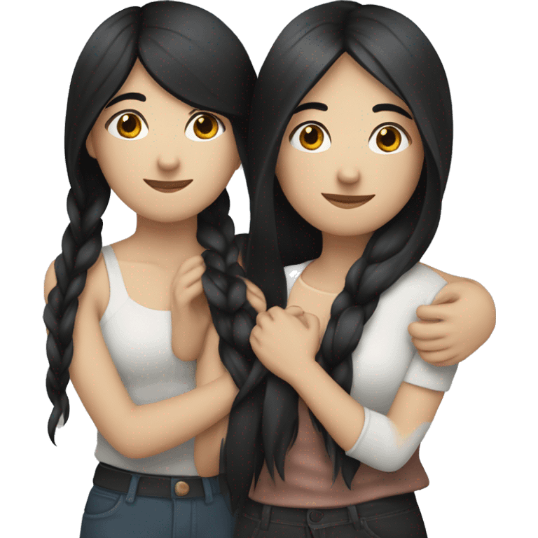 A lesbian couple with white skin and long black hair hugging intimately emoji