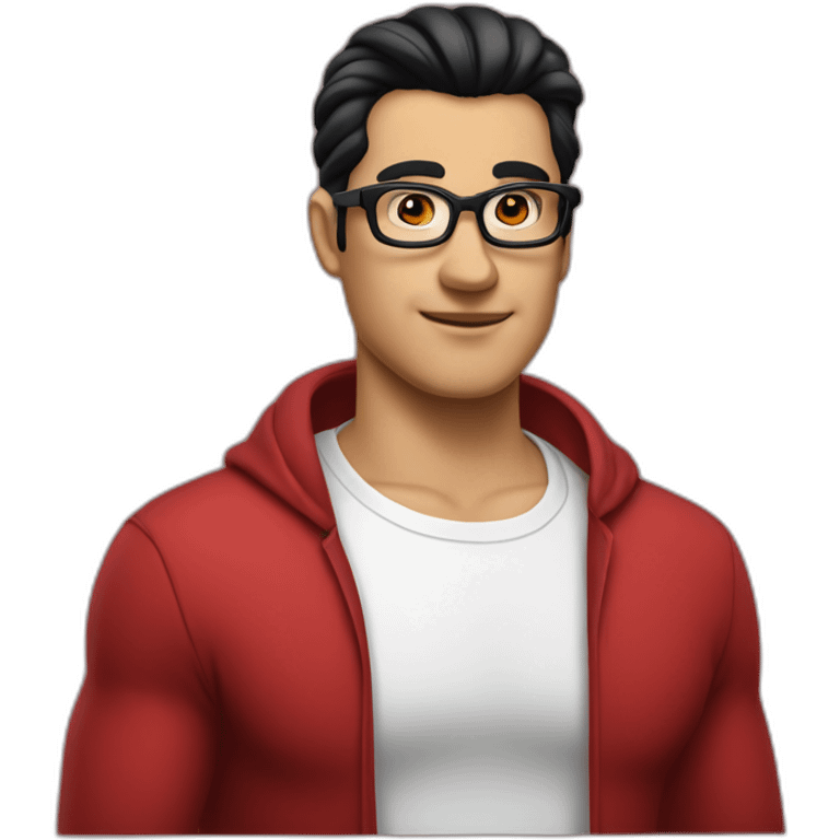 slicked back hair, white, rectangle glasses, red shirt, black hair, shaved emoji