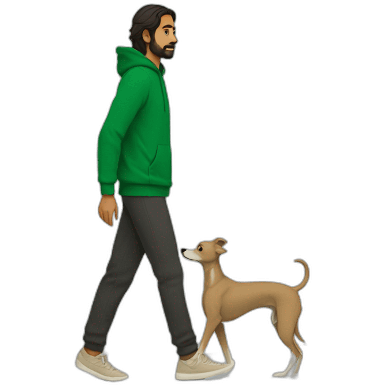 an indian man wearing a green sweatshirt, beige shoes, long hair, no beard, black shorts, walking, side profile, one hand raised slightly below waist level walking a beige whippet emoji