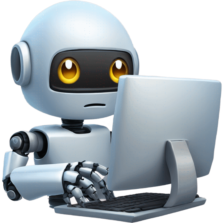 Cute robot behind computer writing code emoji