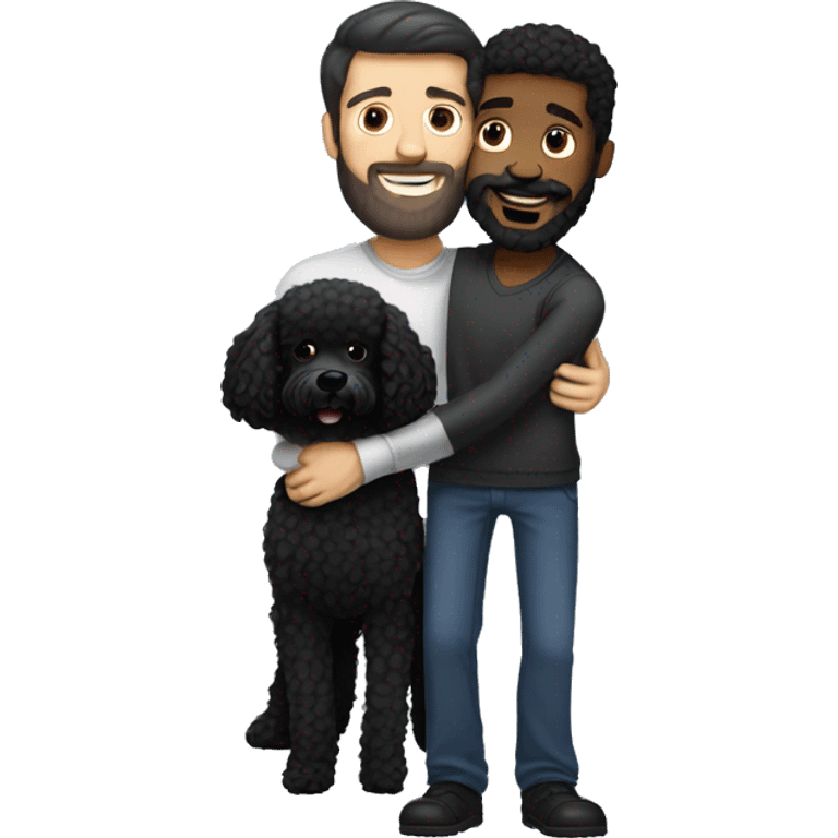 Black-haired and white guy with beard hugs black poodle dog  emoji