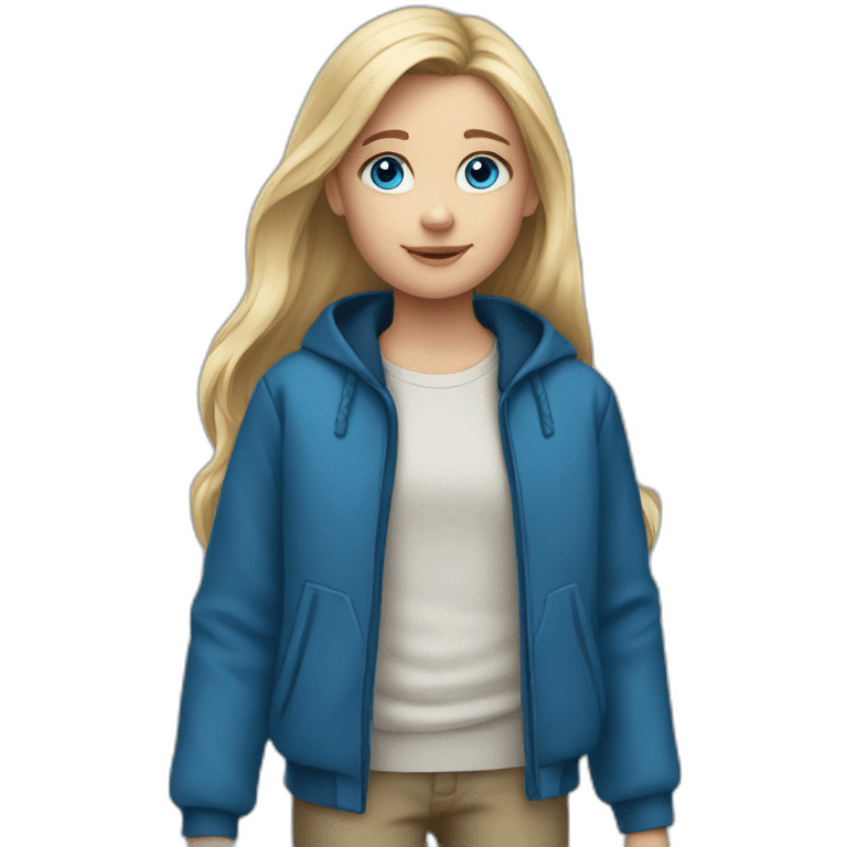 Girl 10 years old. Long blond hair. Blue jacket, big blue eyes. emoji