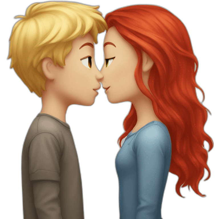 Blond hair Boy and Red hair girl kiss emoji