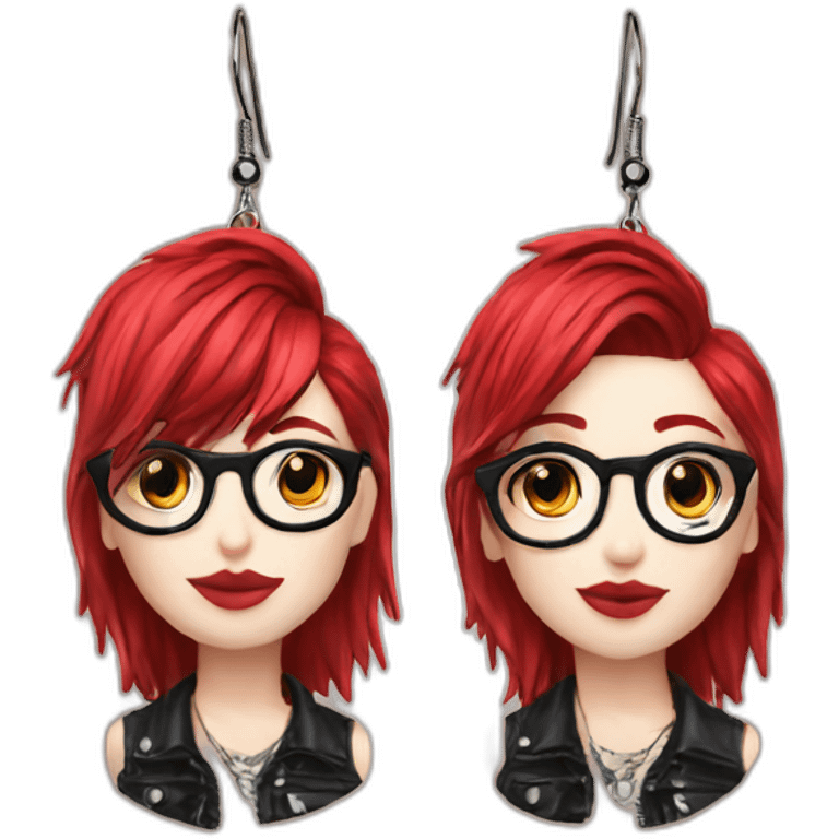 Punk female earrings glasses,red and black short hair, emoji