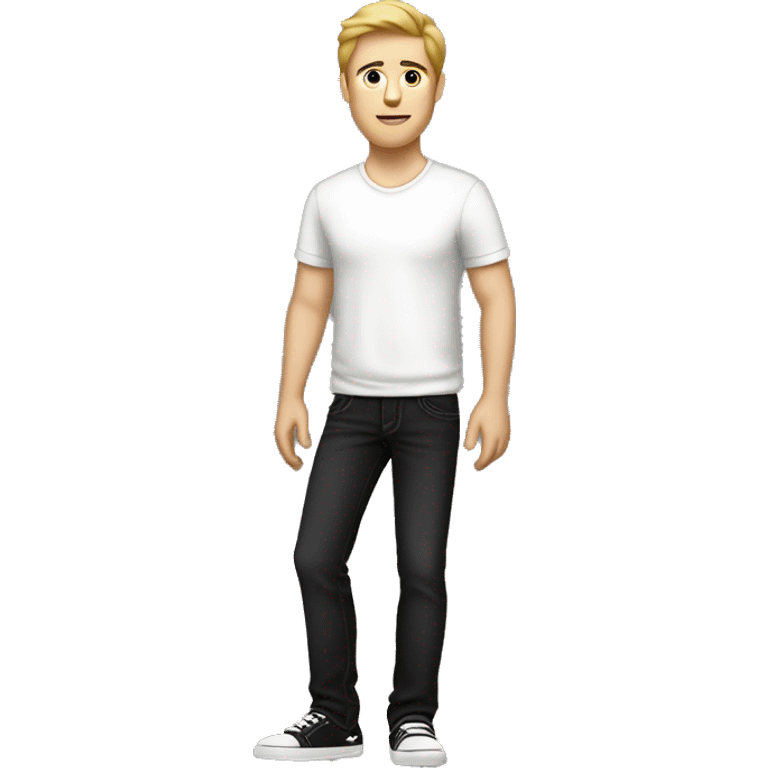 a white guy in his 20s with black jeans and a white shirt with a black side view sedan behind him emoji