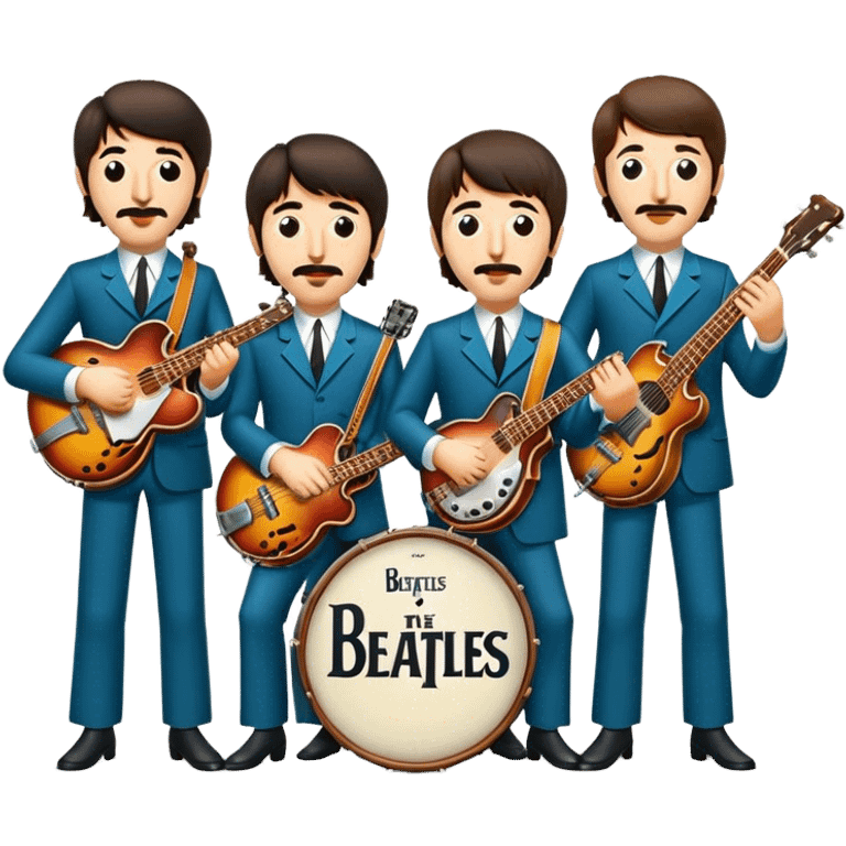 Cinematic Realistic The Beatles Group Emoji, depicted as an iconic band of four exuding playful charisma and musical genius with retro instruments and vibrant expressions, rendered with rich textures and nostalgic dynamic lighting that captures their legendary impact on pop culture. emoji