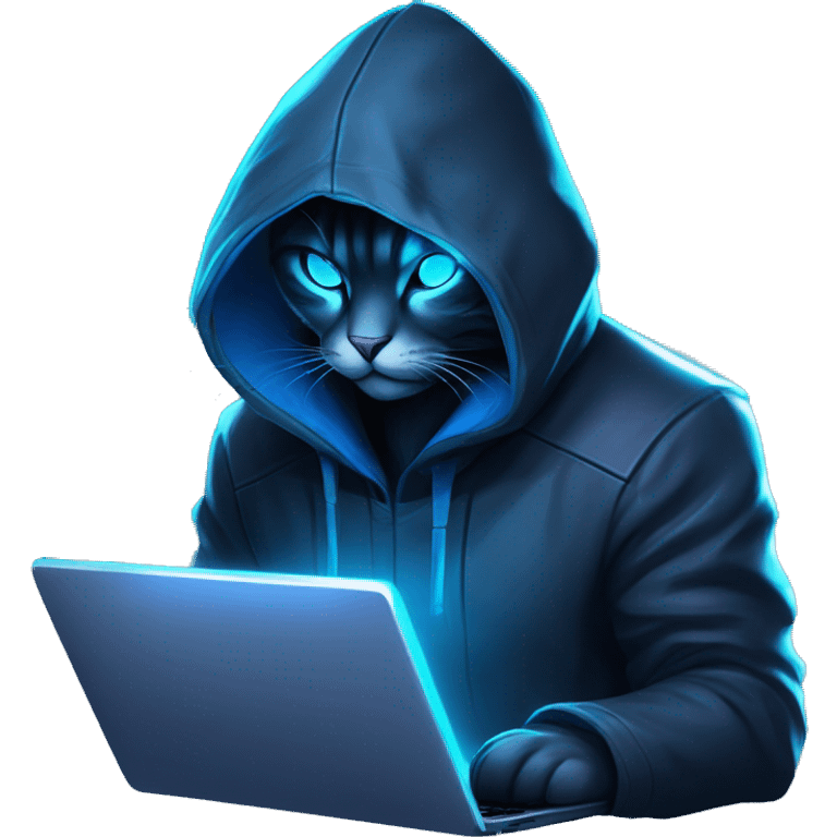 Side view developer cat behind his laptop with this style : Riot Games Valorant neon glowing bright blue character blue black hooded assassin themed character emoji