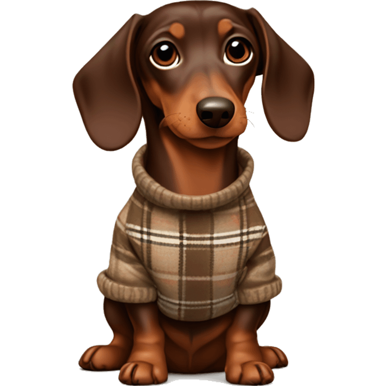 Chocolate and tan dachshund wearing a beige plaid jumper  emoji