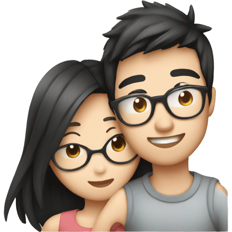 Boyfriend Asian with glasses and girlfriend Asian kissing, emoji