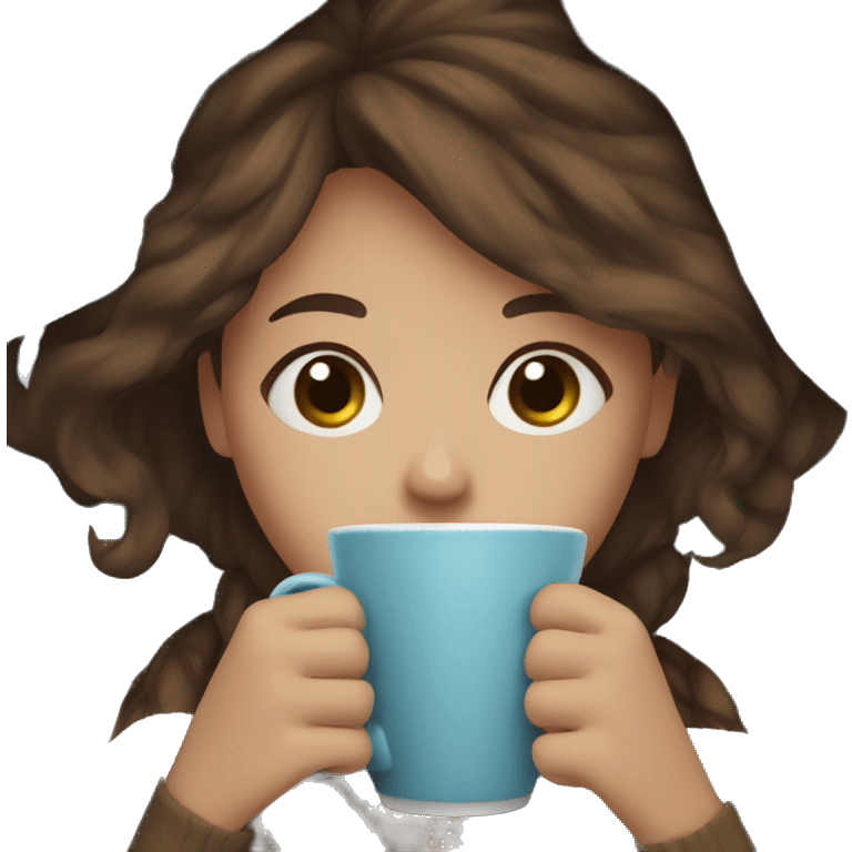 Brown hair Girl drinking coffee, with a blue cozy blanket emoji