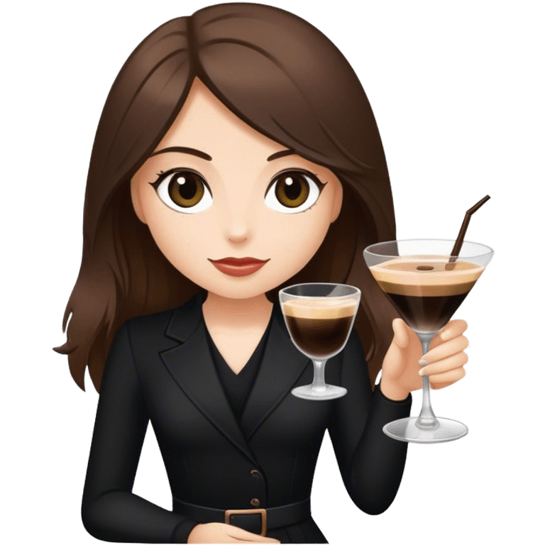 brunette hair down girl black clothes holding an espresso martini emoji