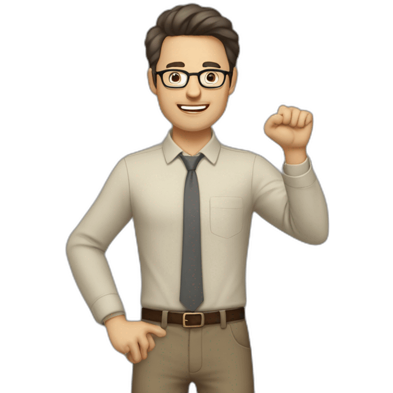 To belt Actively gesturing with hands Pale skinned fit man teacher with dark brown hair in gray jacket, beige office shirt, brown tie, brown pants and vintage glasses. emoji