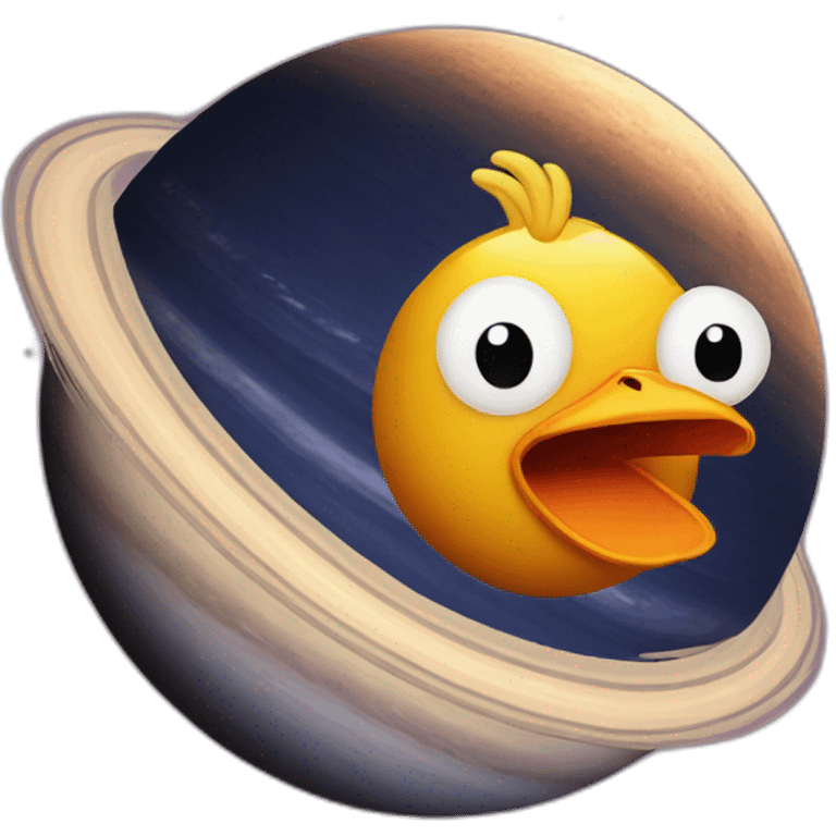 planet Saturn with a cartoon chicken face with raised eyebrow emoji