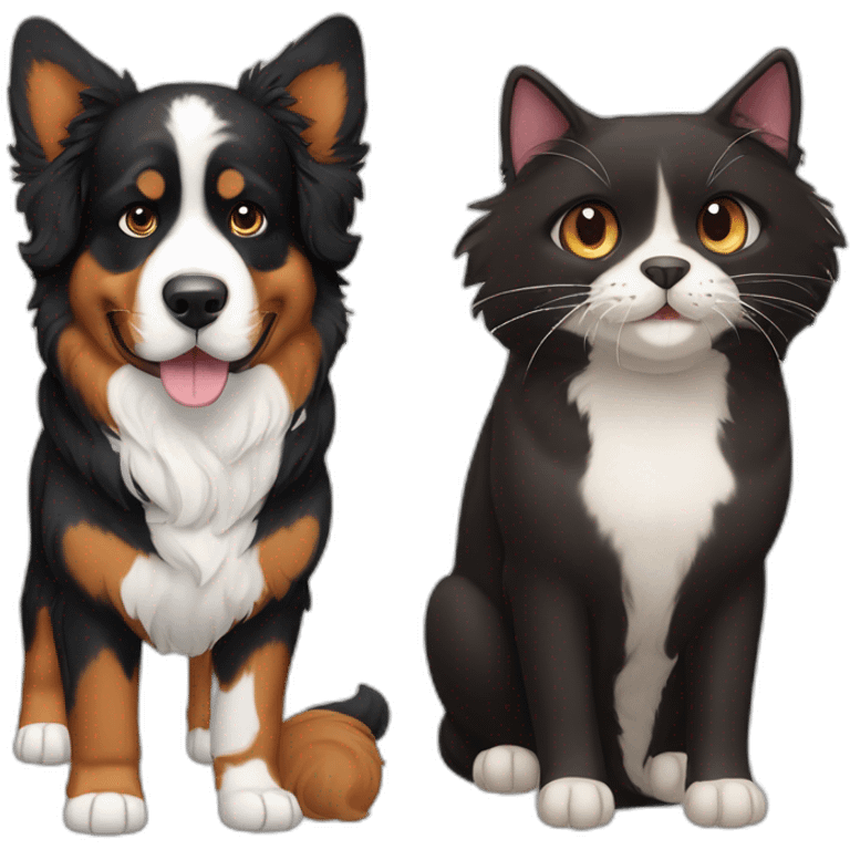 Bernese dog next to A brown and black cat without white fur emoji