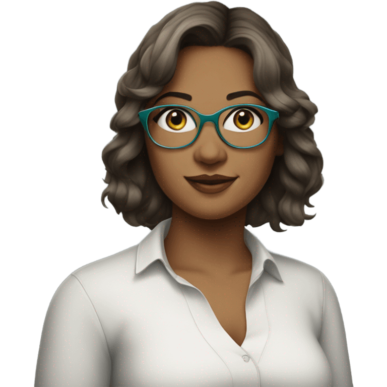 young curvy woman with shoulder length brown hair, sideswept bangs, grey-green eyes, singer, blue glasses emoji