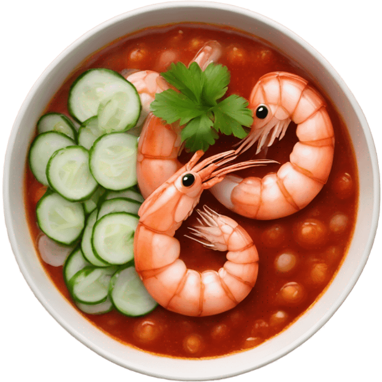 Shrimps in bowl with red sauce and chopped cilantro and onions cucumber  emoji