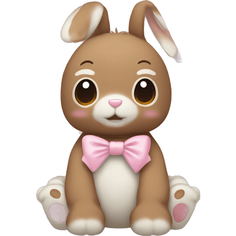 Pastel brown stuffed animal plushie with pastel pink ribbon on one of the bunnies ears emoji