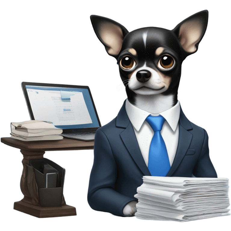 Black and white chihuahua that is running a large company and wears a blue suit with a blue tie emoji