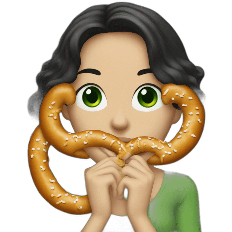 A Woman with green eyes and black wavy long hair and long nose eating a pretzel  emoji