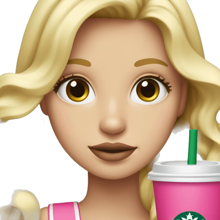 blonde with bright green eyes drinking pink starbucks wearing a pink bow in long wavy blonde hair emoji