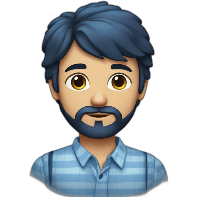 Un jeune homme avec une barbe légèrement fournie, des cheveux courts bruns et un regard confiant, vêtu d'une chemise à carreaux bleu marine. emoji