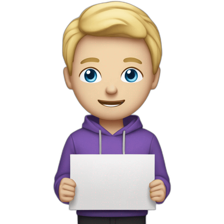 A man with blond hair, light blue eyes,wearing a purple hoodie l, in black pants  holding a sign with a text “wstyy bot” emoji