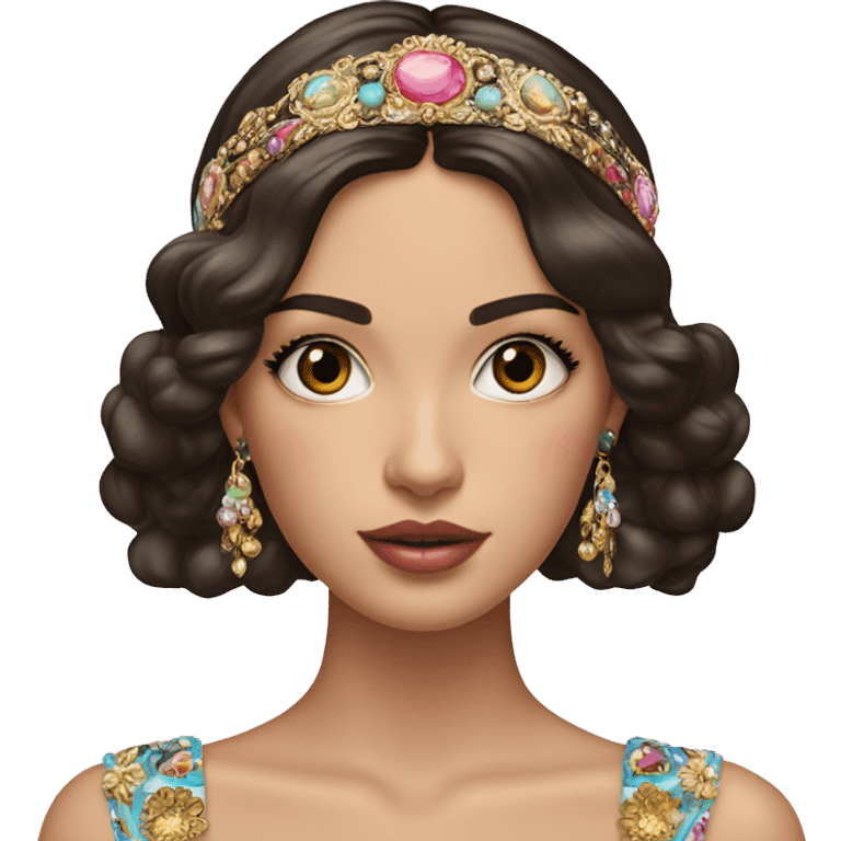 Dolce and Gabbana Italian model with dark hair and headband with colourful pastel ornament and golden detais  emoji