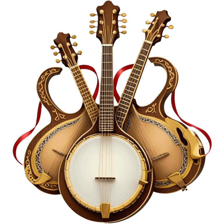 Create an intricate, festive, and emblematic emoji symbolizing plucked string instruments. The design should resemble a regal crest, featuring instruments like a banjo, mandolin, domra, sitar, and other plucked strings, arranged symmetrically in an ornate composition. Their necks and strings should elegantly intertwine with a flowing ribbon of musical notes, wrapping gracefully around the instruments. The overall shape should be grand and balanced, evoking a sense of tradition and celebration. Use a rich and refined color palette with gold, deep mahogany, and vibrant accents, adding intricate wood textures, decorative inlays, and metallic tuning pegs for a professional, polished look. The background should be transparent, making the emblem stand out as an independent artistic mark emoji