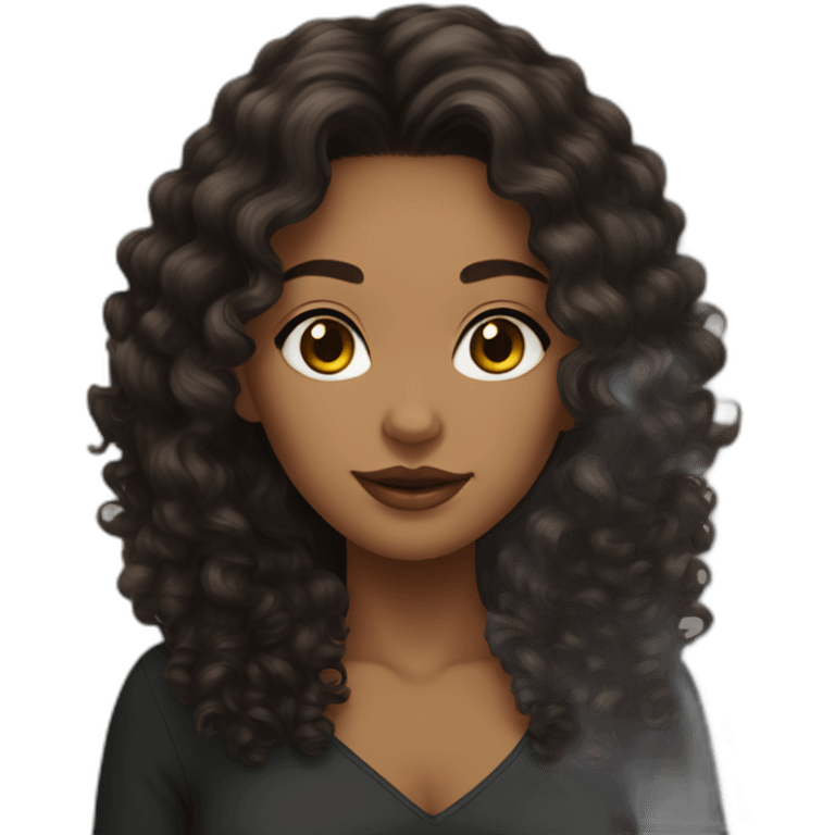 woman light brown skin long dark curly hair with black cat emoji