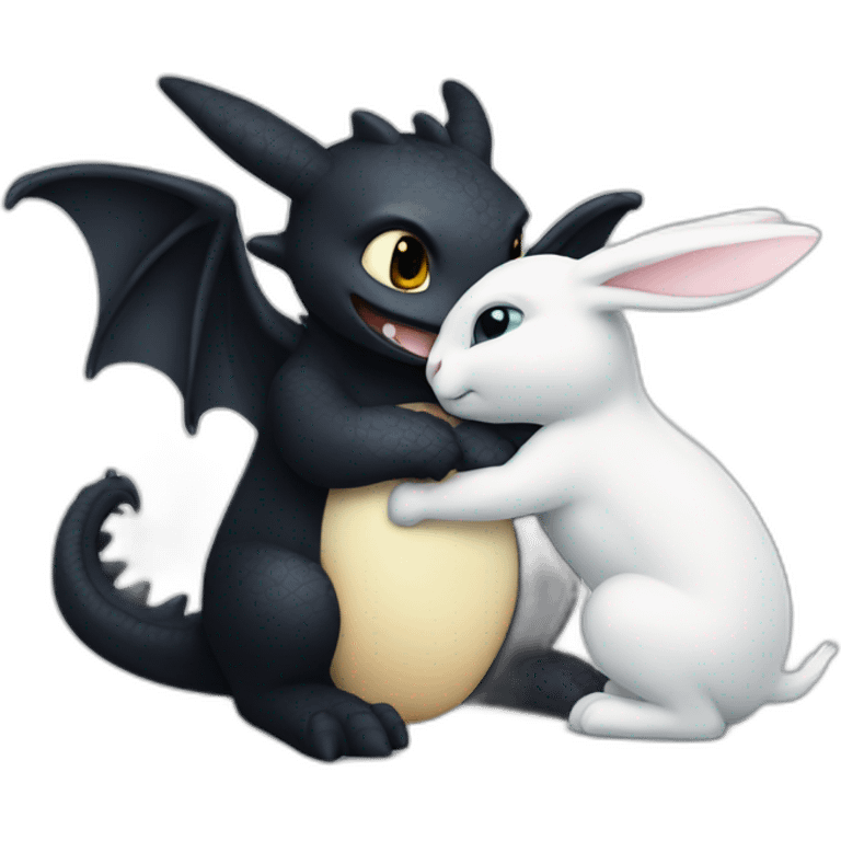 Toothless the dragon hugging a white bunny emoji