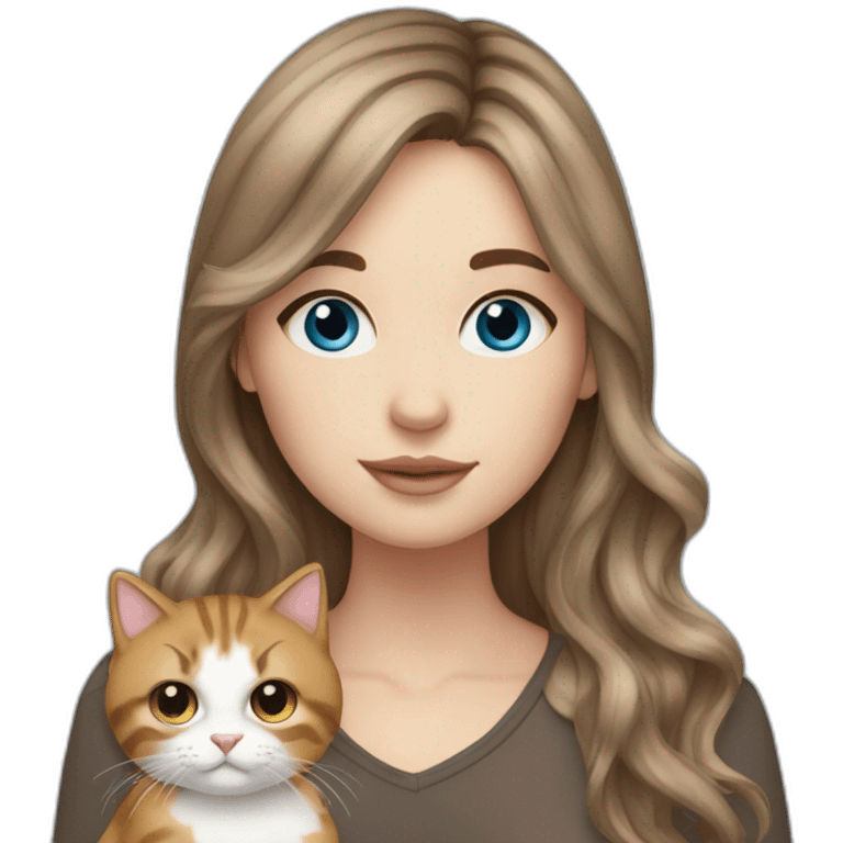 white girl with brown hair curtain bangs blue eyes holding 2 cats emoji