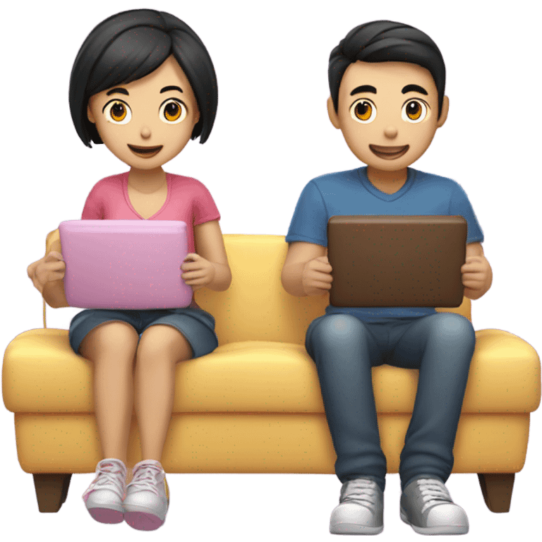 Cute Asian Couple sitting together and having fun playing video games emoji