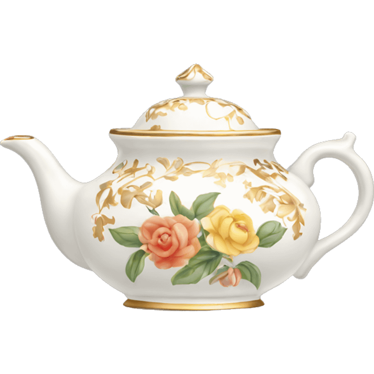 white antique tea pot with floral design and gold trim emoji