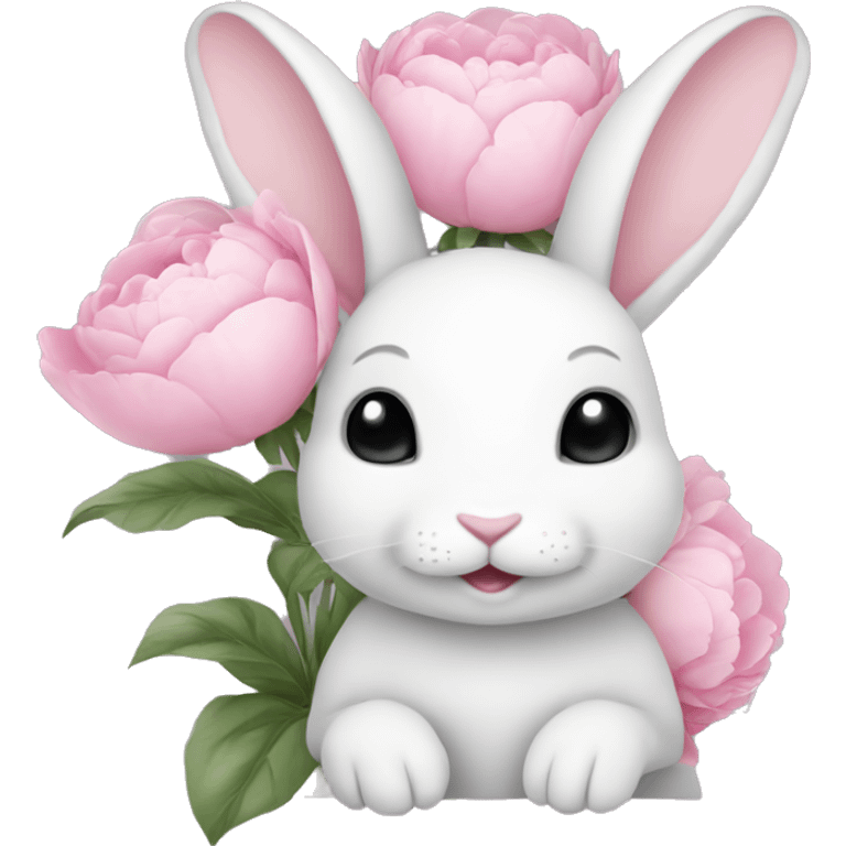 cute white bunny holding light pink peonies emoji