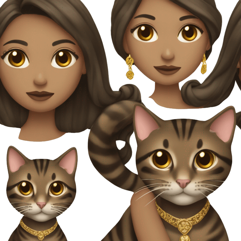 Beautiful skinny woman long dark brown hair in dark dress with gold earrings hug bengal cat emoji