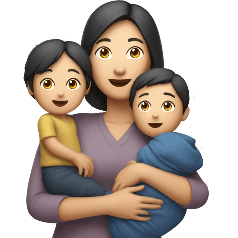 asian mum holding two kids, full body standing  emoji