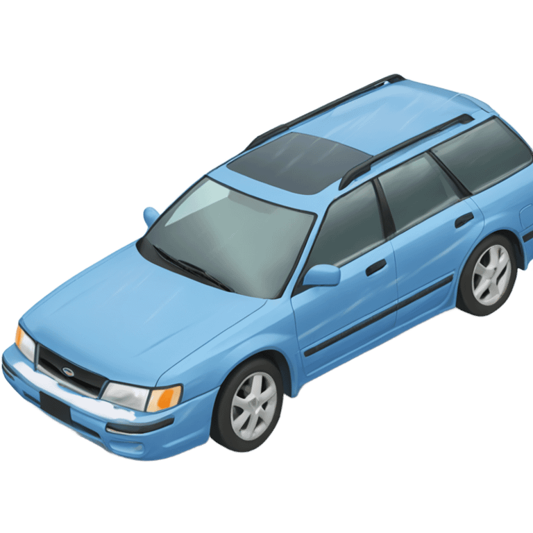 Light Blue 1990 Subaru legacy wagon stuck in a snow filled ditch emoji