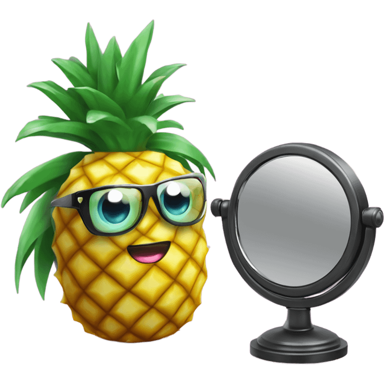 3D elegant pineapple🍍  with big shiny eyes 👀 pineapple holds mirror with its reflection 🪞🍍 emoji