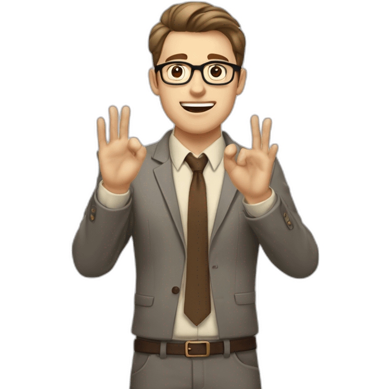 To belt Actively gesturing with hands Okay Pale skinned fit man with dark brown hair in gray jacket, beige office shirt, brown tie, brown pants and vintage glasses. emoji