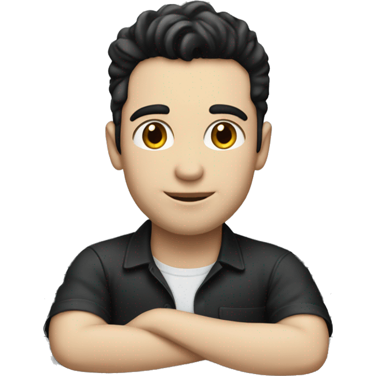 A man with pale skin and black hair, sitting on top of a black Ford car emoji