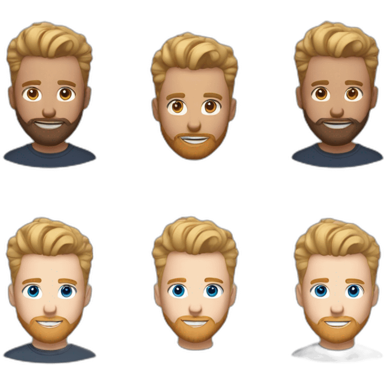 single blond guy with taper fade, messy curly tiktok guy front and top of hair and dark blonde beard and blue eyes emoji