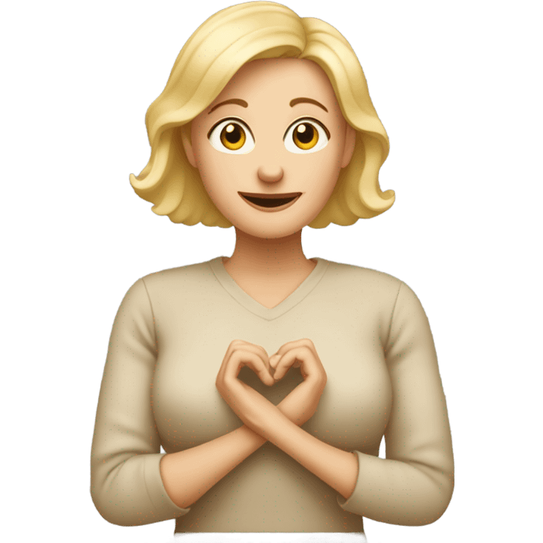 50 year old Lady with blonde hair making heart with hands emoji