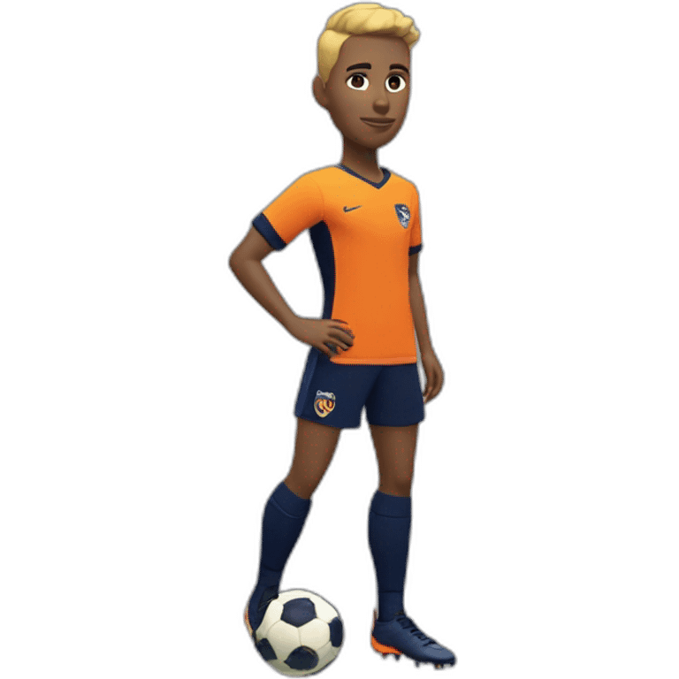 White skinned Soccer player in tangerine top with navy sleeves, navy shorts with tangerine flash, navy socks with tangerine flash  and orange kit emoji