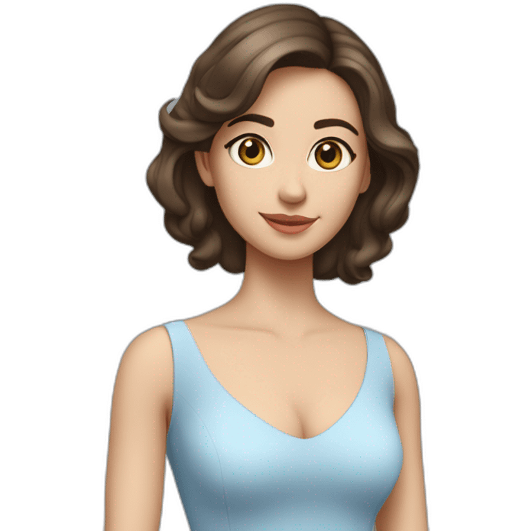 Sofia: slender body, white skin, brunette hair. Unique beauty and charisma, irresistible presence, full body, wearing a light blue midi dress emoji