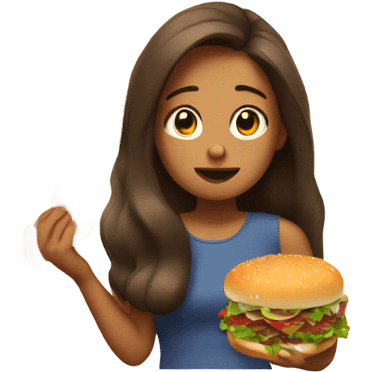 A tan girl with long brunette hair eating a ton of meat emoji