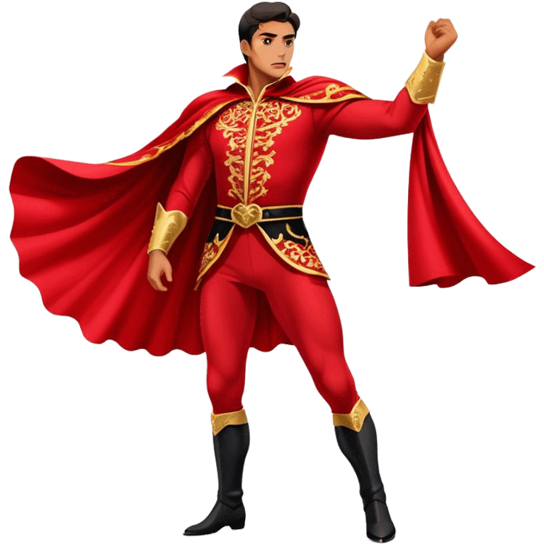 ​Cinematic Spanish Matador Holding a Red Cape, rendered with dynamic motion blur and vivid, high-contrast lighting, emoji