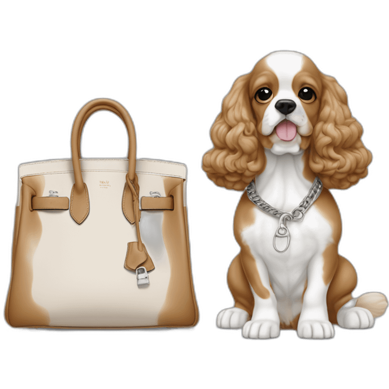 American cocker beige and white next to a grey hermes birkin bag emoji