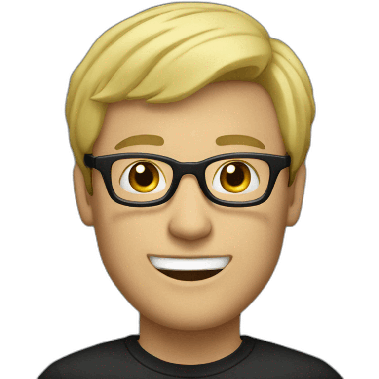 adult man with blond hair with black glasses, small smile, with the body emoji